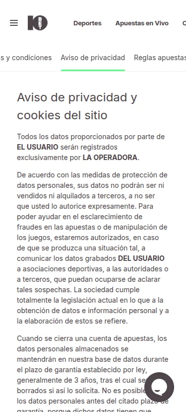 Página de aviso de privacidad de 10Bet México en una pantalla móvil