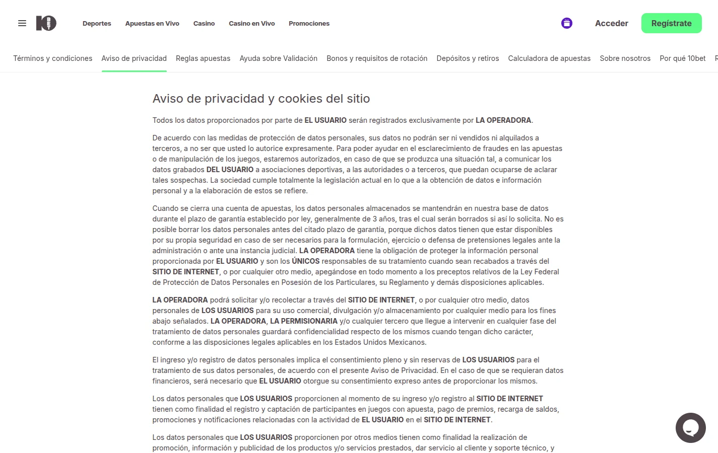 Página de aviso de privacidad y cookies de 10Bet México con el texto legal sobre datos personales