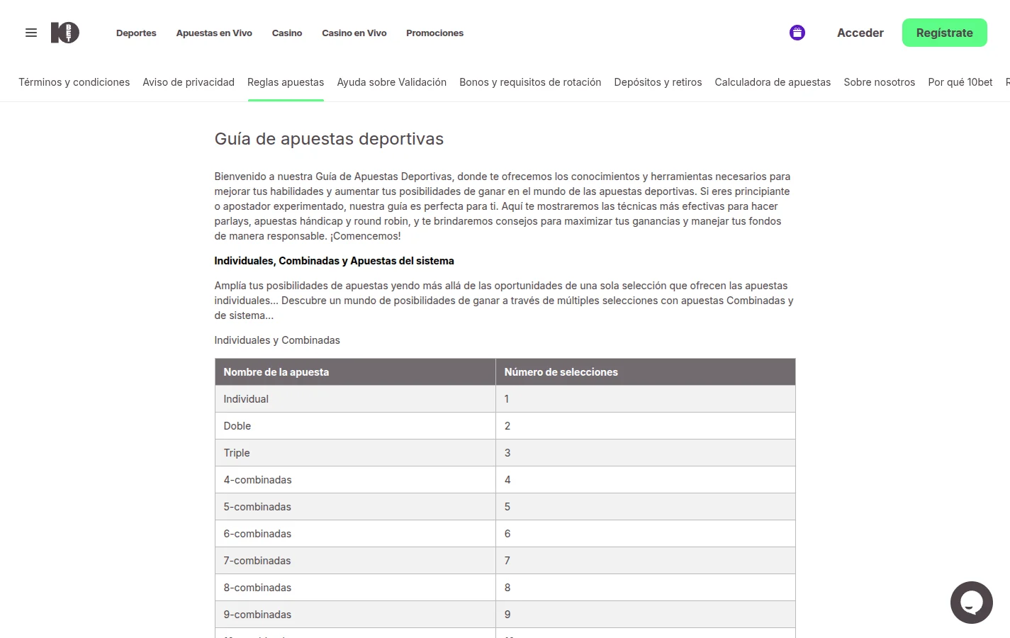 Página de reglas de apuestas deportivas de 10Bet México con la navegación de la sección de ayuda y una tabla de tipos de apuesta