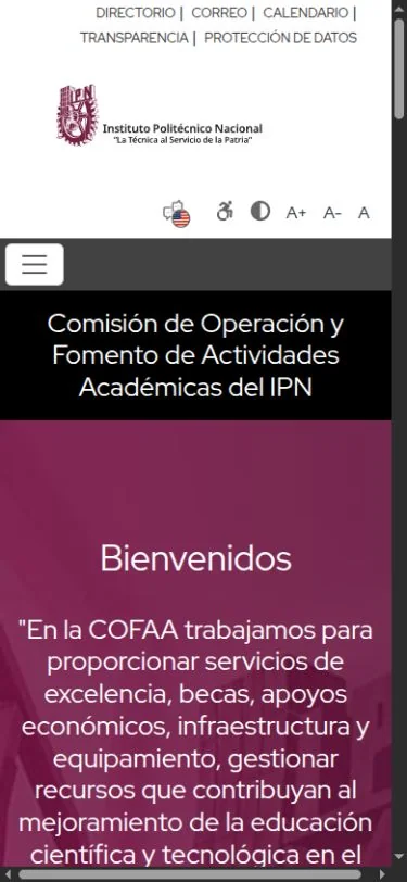 Vista móvil actual del portal COFAA-IPN con menú compacto, título institucional y sección de bienvenida