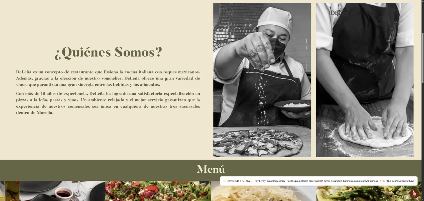 Sección actual Nosotros de De Leña Pizzas con información del restaurante y fotografías de preparación de alimentos