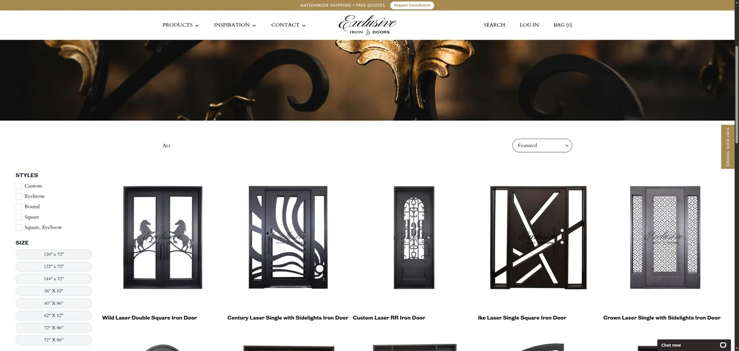 Colección actual de Exclusive Iron Doors con controles de estilo, tamaño, apertura y precio