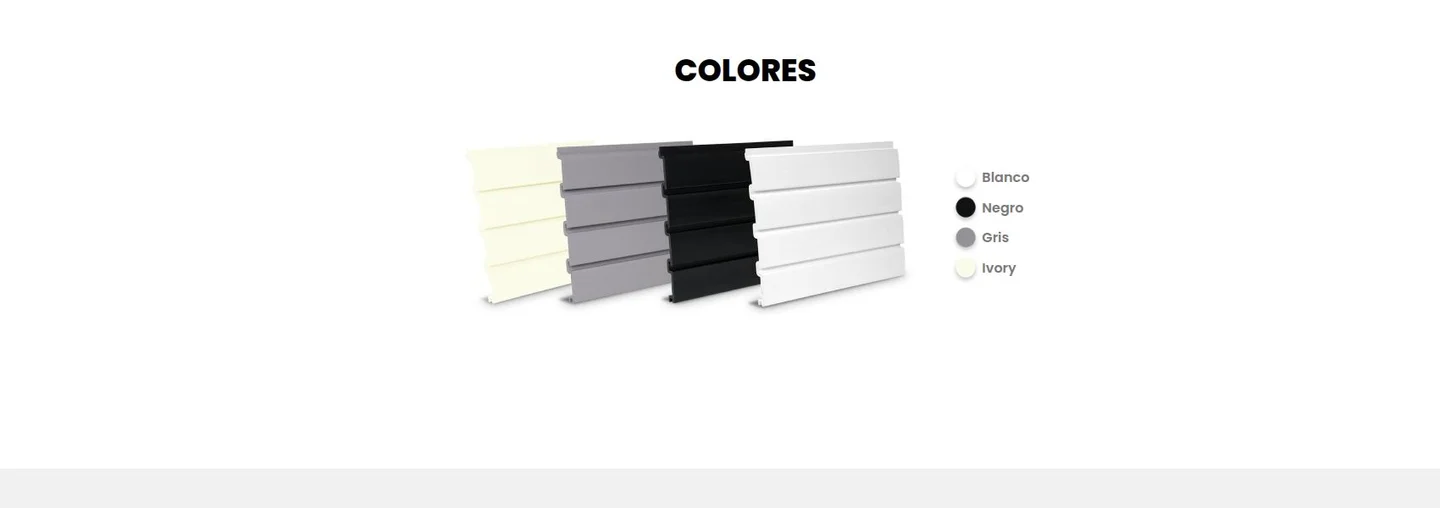 Sección actual de colores de GroovePro con imagen de paneles en blanco, negro, gris e ivory