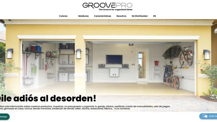 Current GroovePro homepage with logo, navigation and a photograph of a garage with storage panels