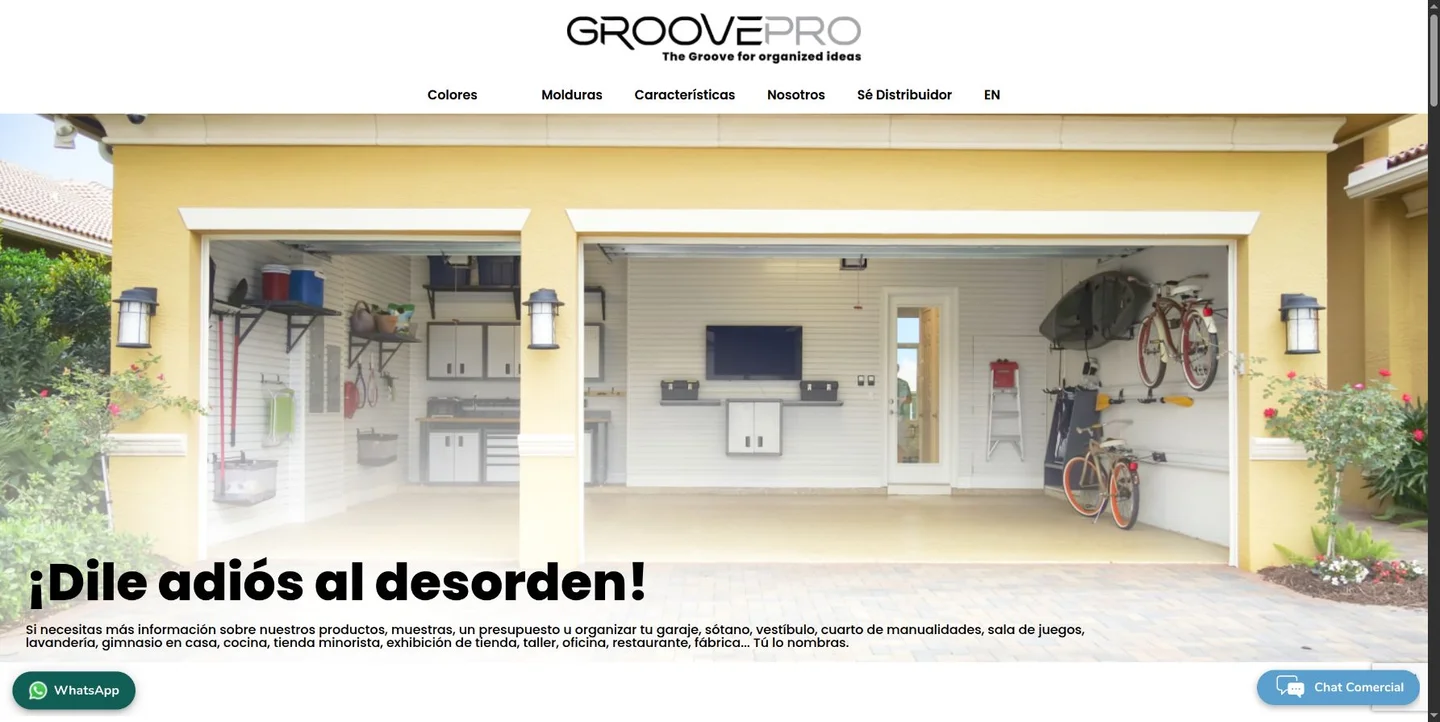 Portada actual de GroovePro con logotipo, navegación y fotografía de un garaje con paneles de organización