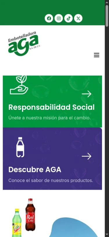 Portada actual de Embotelladora AGA en móvil con logotipo, menú compacto y accesos a responsabilidad social y productos