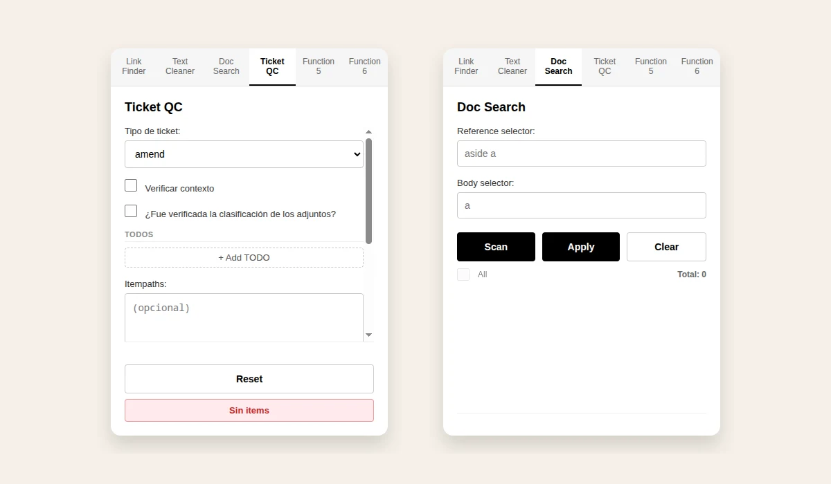 Popup de la extensión de Chromium con la pestaña Ticket QC (tipo de ticket, TODOs e itempaths) y la pestaña Doc Search con selectores y botones Scan, Apply y Clear