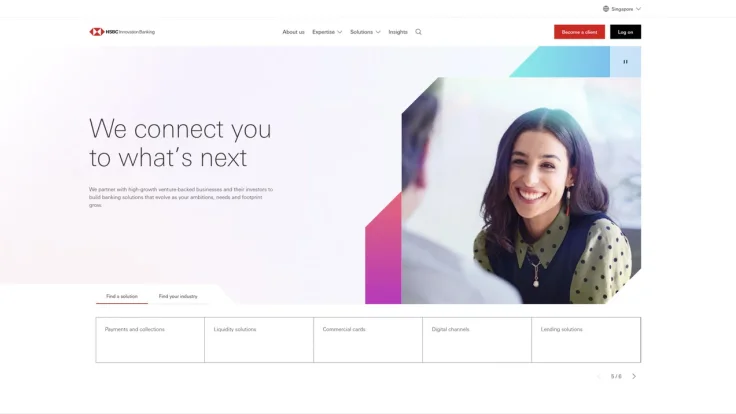 Current HSBC Innovation Banking Singapore homepage with regional navigation and main banner