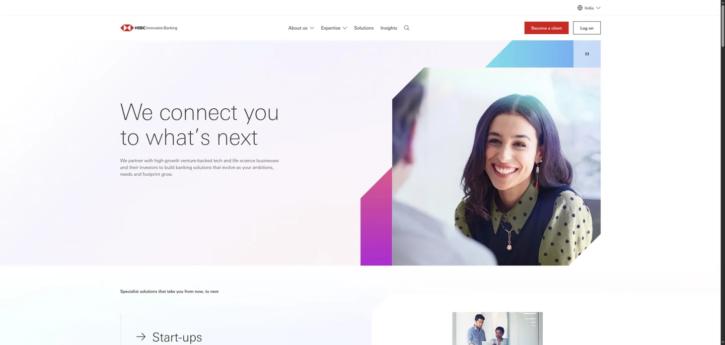 Inicio actual de HSBC Innovation Banking India con selector de país y contenido regional