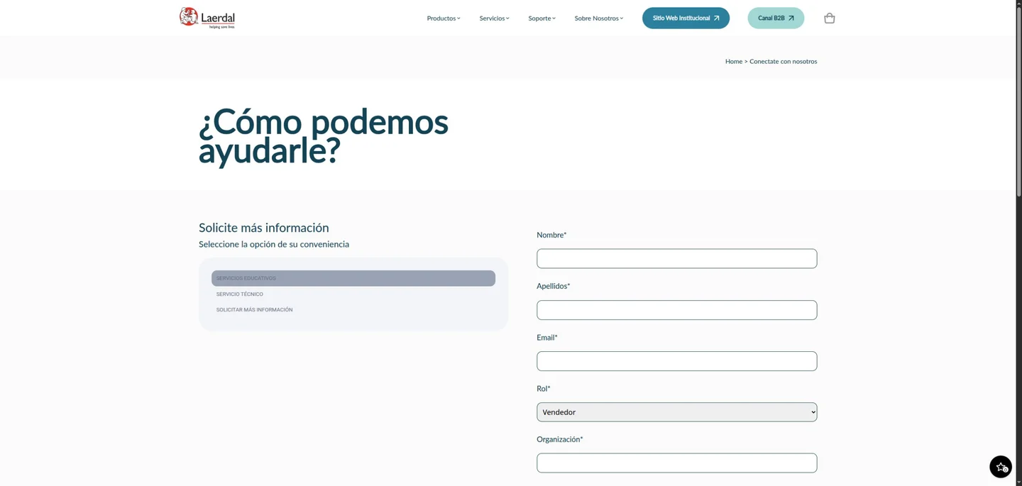 Formulario público actual de Laerdal México para solicitar información, sin datos ingresados