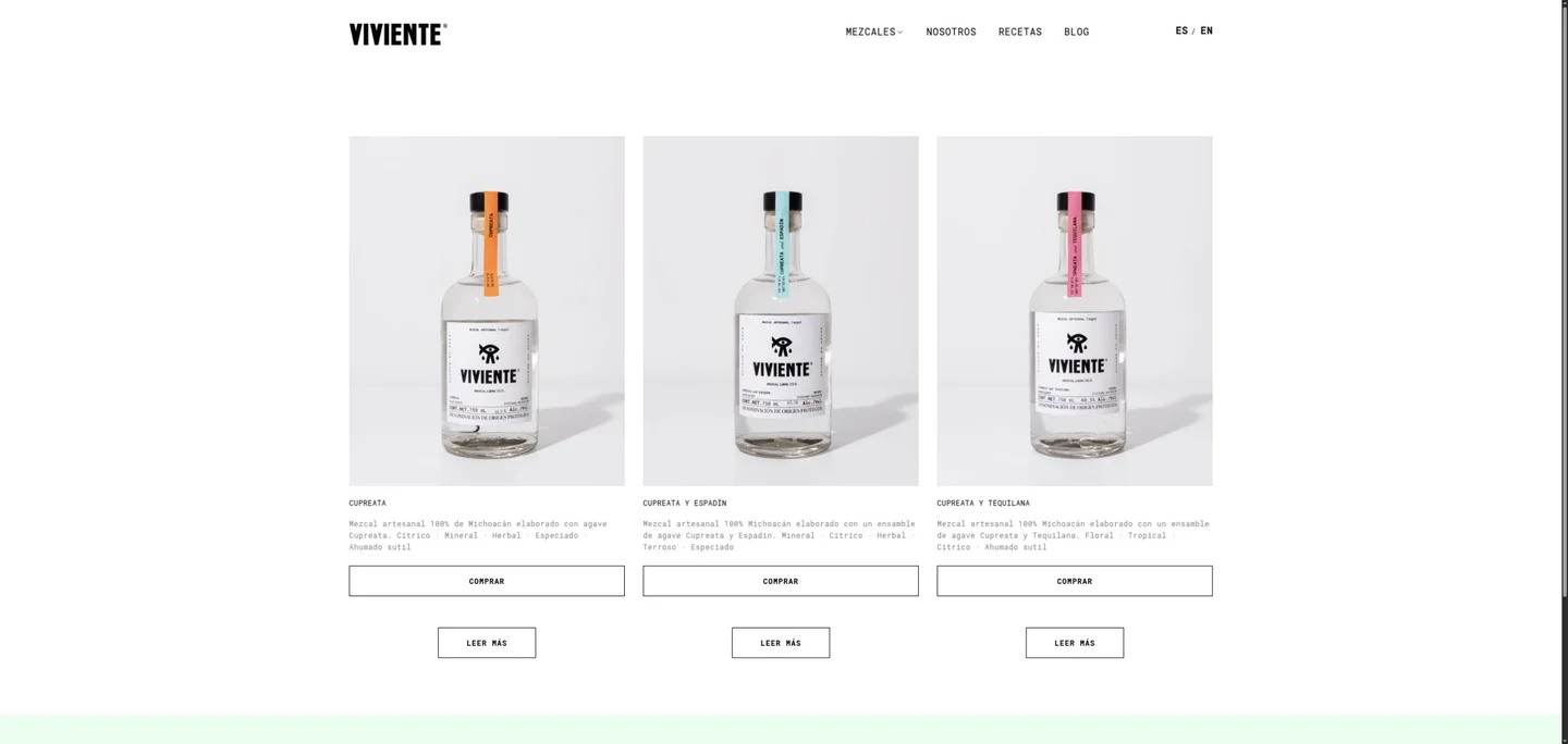 Catálogo actual de Mezcal Viviente con fotografías de botellas, descripciones y enlaces de consulta