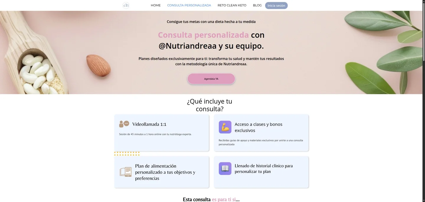 Página actual de consultas de Nutriandreaa con navegación, presentación del servicio e información de la consulta