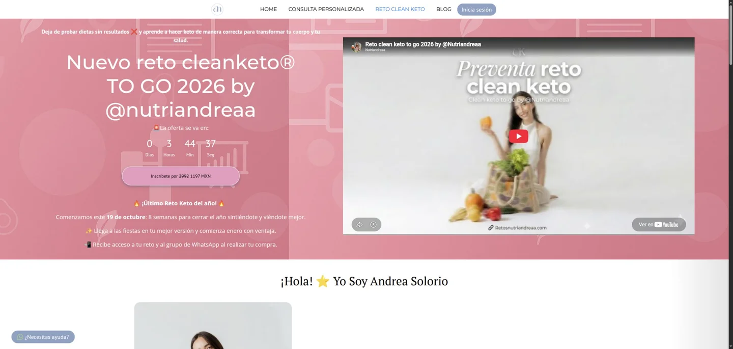 Página actual de un curso de Nutriandreaa con información, video de presentación y enlace de inscripción