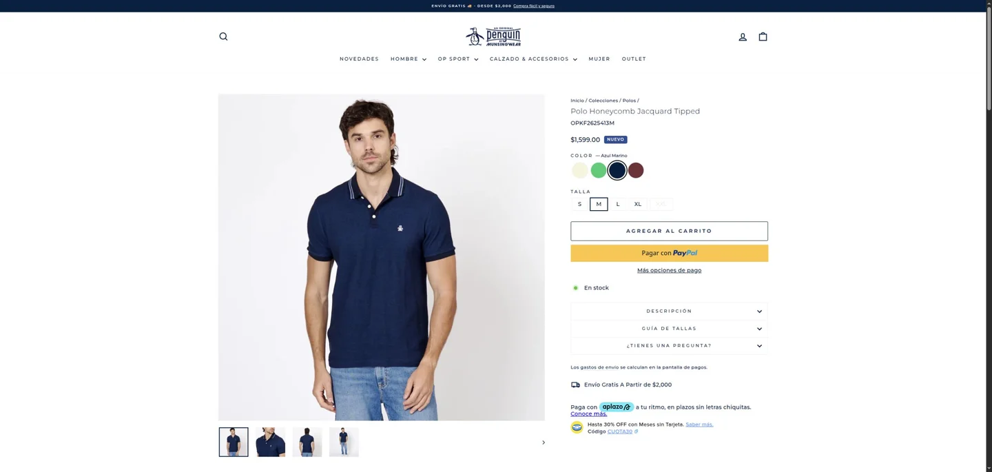 Ficha actual de un polo de Original Penguin con fotografías, selector de color y talla e información de compra