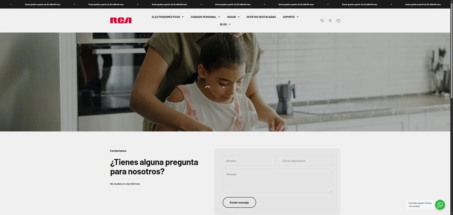 Página actual de contacto de RCA con formulario de nombre, correo electrónico y mensaje