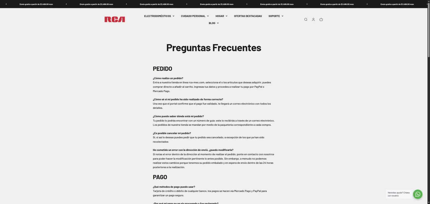 Página actual de preguntas frecuentes de RCA con información sobre pedidos y pagos