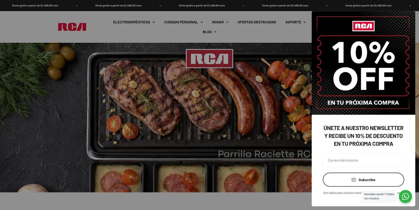 Portada actual de RCA México con navegación y banner de una parrilla eléctrica